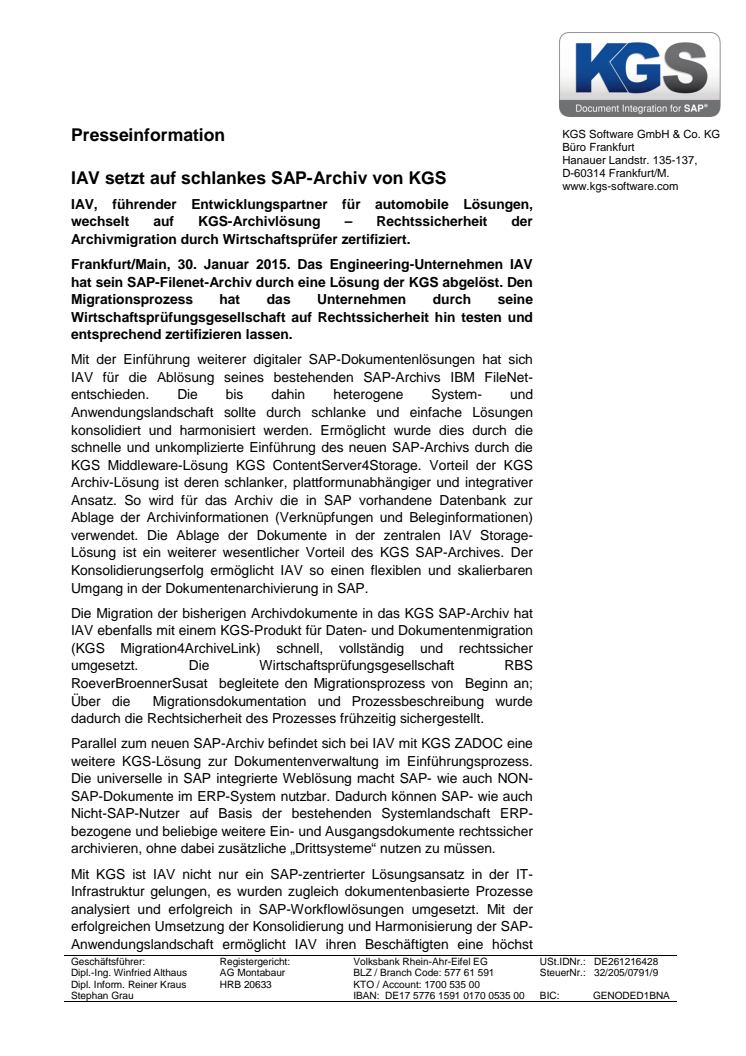 IAV setzt auf schlankes SAP-Archiv von KGS 