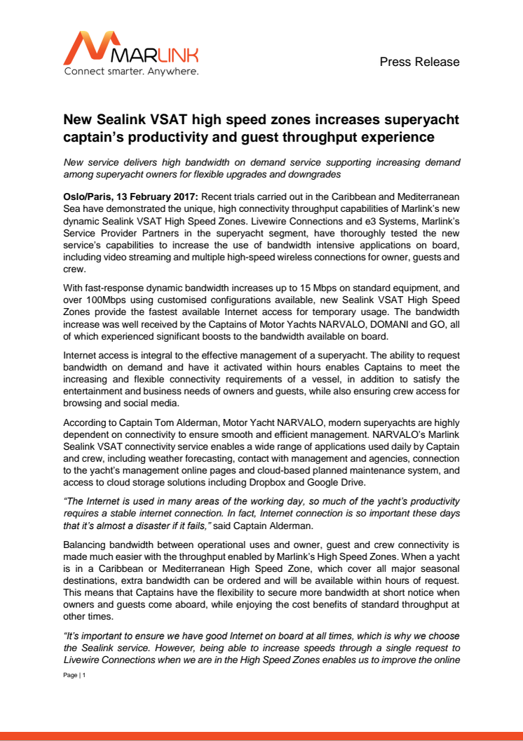 Marlink: New Sealink VSAT High Speed Zones increase superyacht captains' productivity and guest throughput experience 