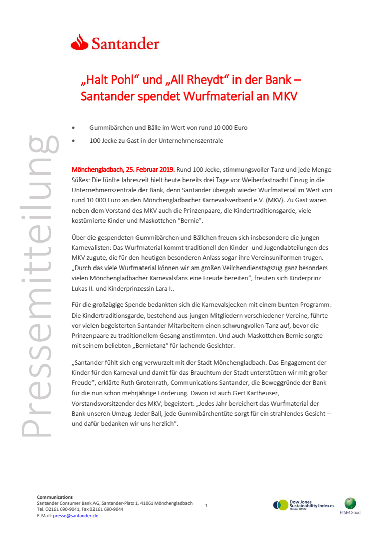 „Halt Pohl“ und „All Rheydt“ in der Bank – Santander spendet Wurfmaterial an MKV
