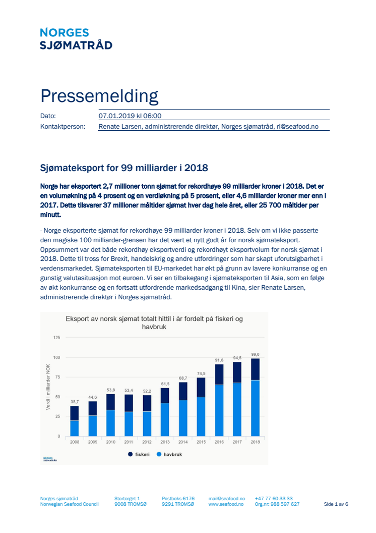 Sjømateksport for 99 milliarder i 2018 