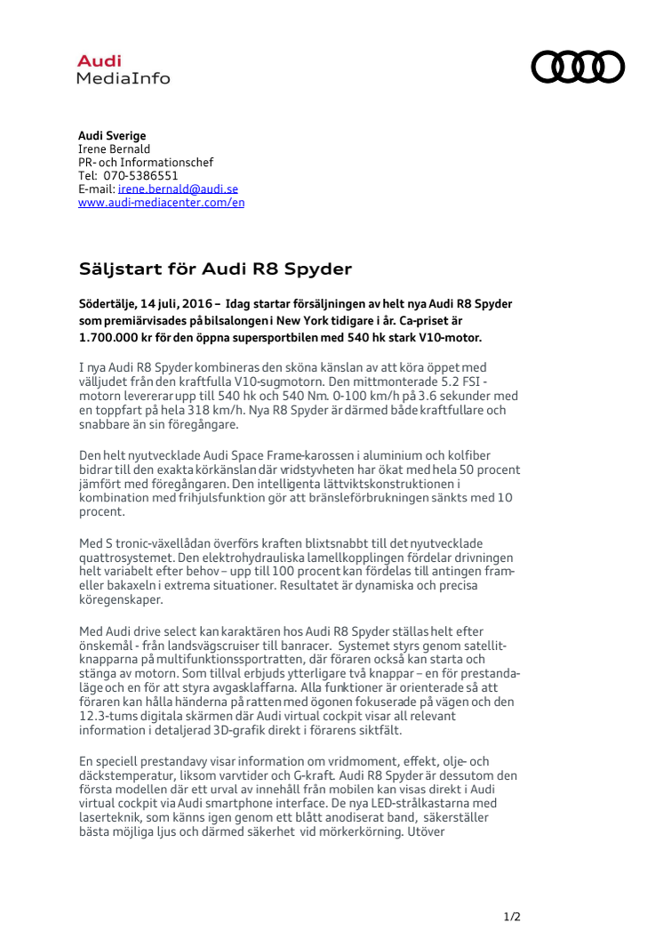 Säljstart för Audi R8 Spyder