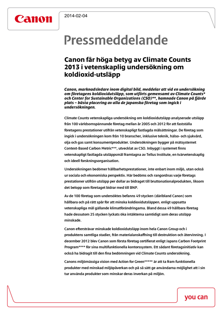 Canon får höga betyg av Climate Counts 2013 i vetenskaplig undersökning om koldioxid-utsläpp