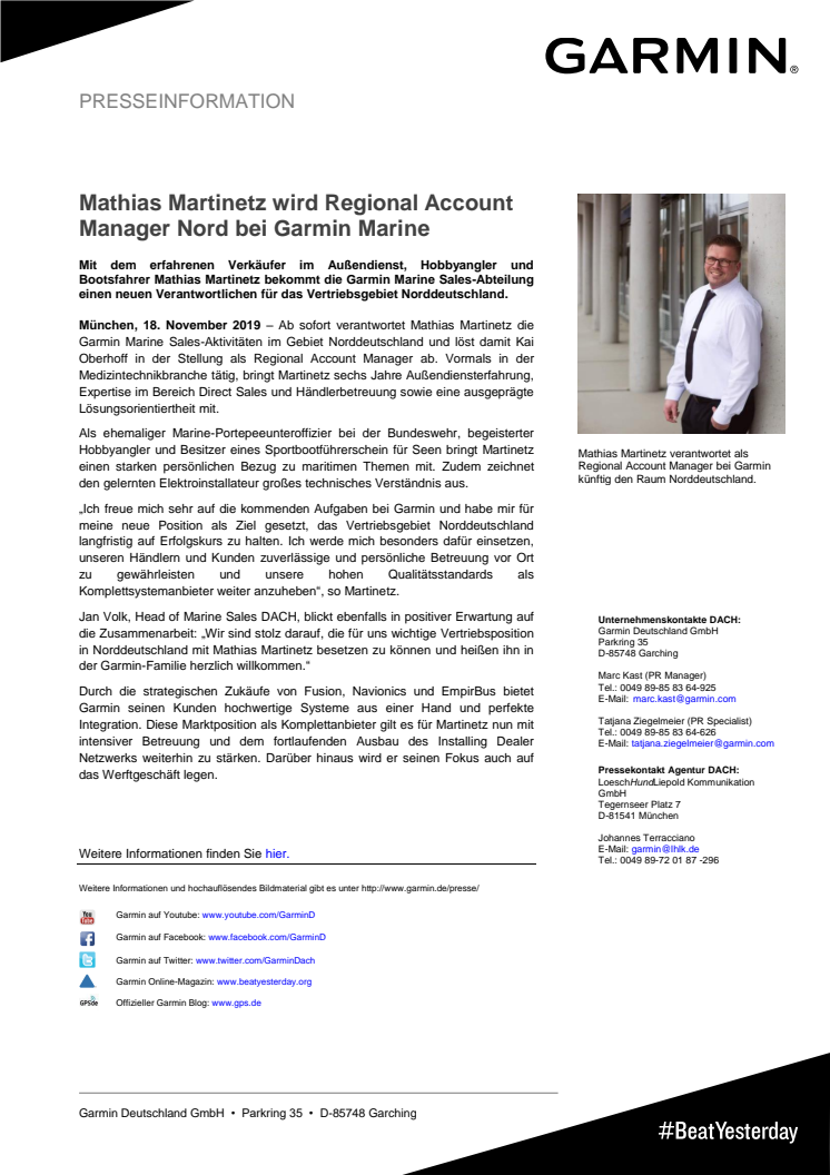 Mathias Martinetz wird Regional Account Manager Nord bei Garmin Marine