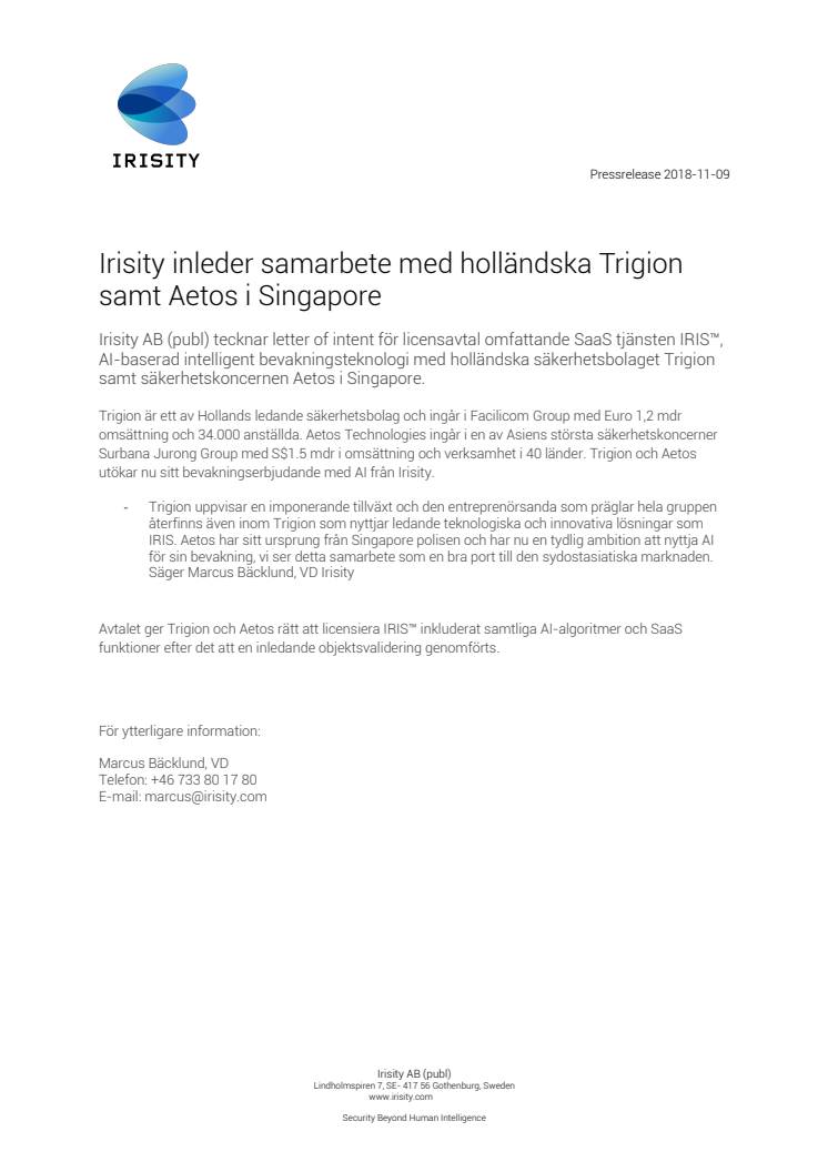 Irisity inleder samarbete med holländska Trigion samt Aetos i Singapore