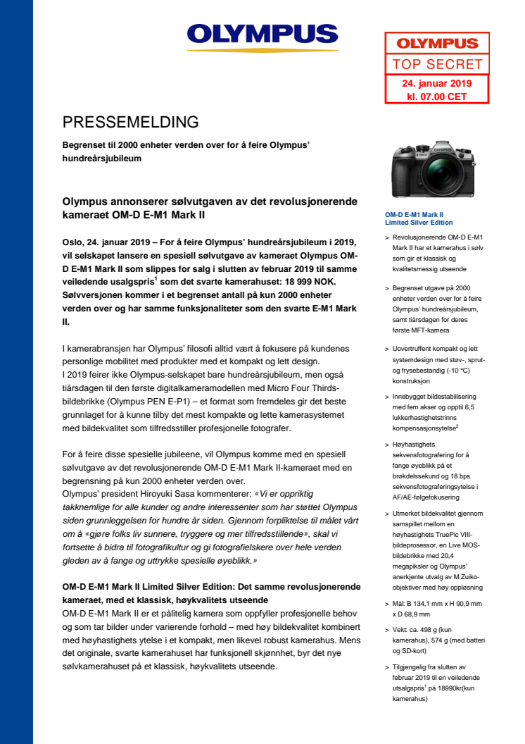 Olympus annonserer sølvutgaven av det revolusjonerende kameraet OM-D E-M1 Mark II