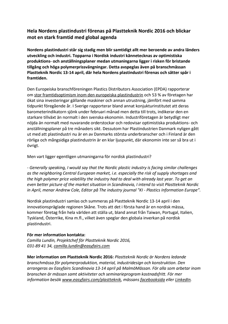 Hela Nordens plastindustri förenas på Plastteknik Nordic 2016 och blickar mot en stark framtid med global agenda!