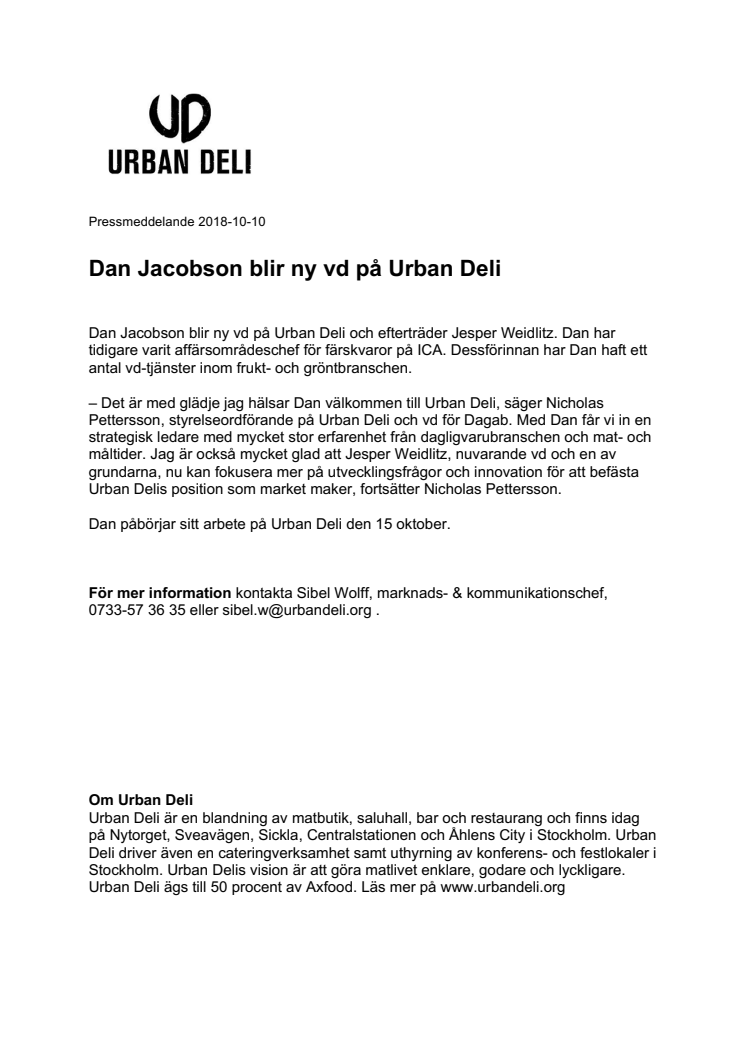 Dan Jacobson blir ny vd på Urban Deli