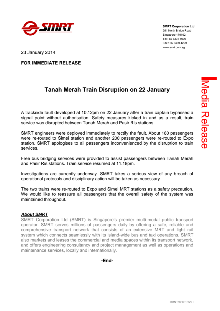 Tanah Merah Train Disruption on 22 January