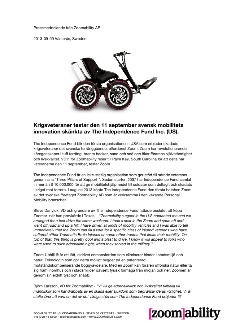 11 september testar krigsveteraner svensk mobilitets innovation skänkta av The Independence Fund Inc. (US)