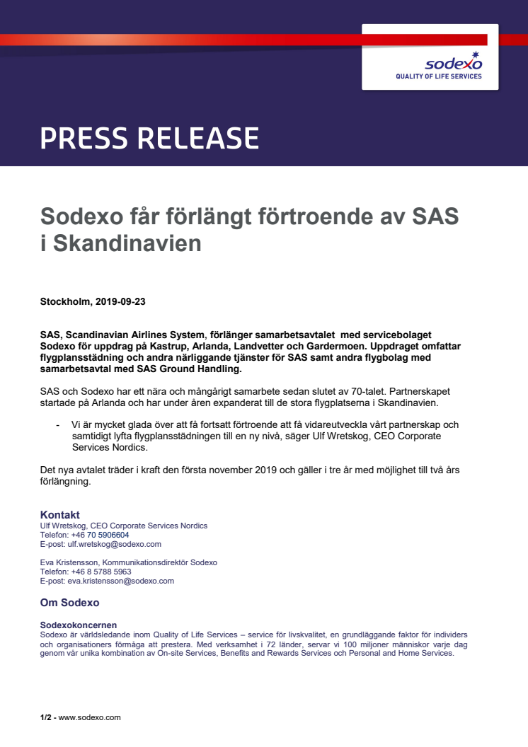 Sodexo får förlängt förtroende av SAS i Skandinavien 