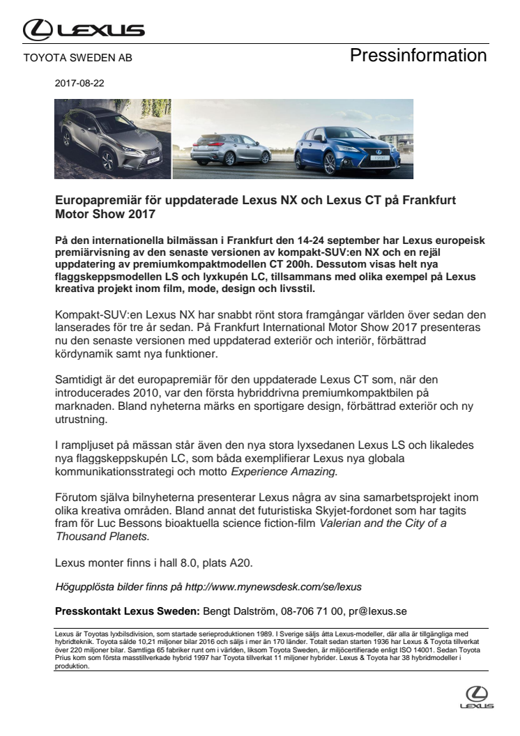 Europapremiär för uppdaterade Lexus NX och Lexus CT på Frankfurt Motor Show 2017