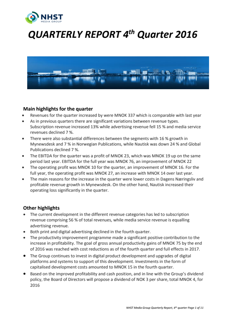 NHST Media Group - Quarterly Report 4th quarter 2016