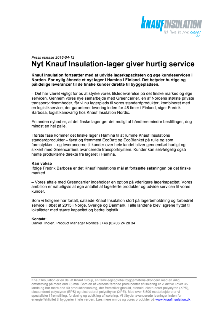 Nyt Knauf Insulation-lager giver hurtig service 