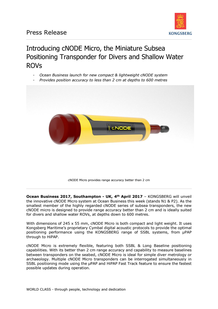 Kongsberg Maritime - Ocean Business 2017: Introducing cNODE Micro, the Miniature Subsea Positioning Transponder for Divers and Shallow Water ROVs