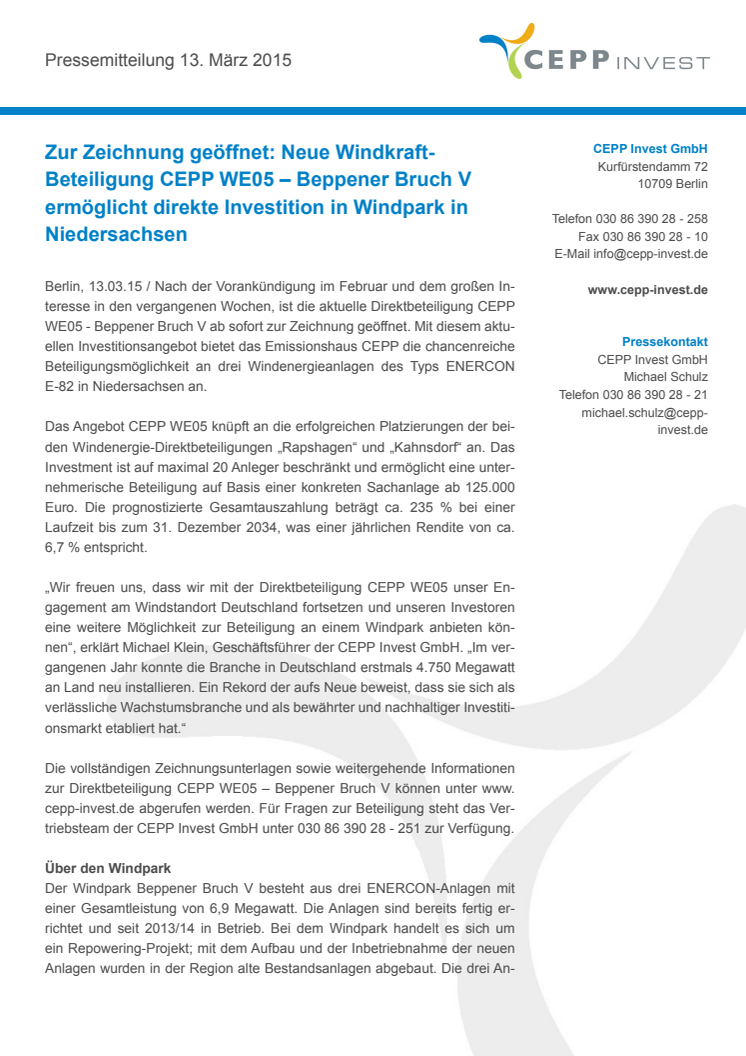Zur Zeichnung geöffnet: Neue Windkraft-Beteiligung CEPP WE05 – Beppener Bruch V ermöglicht direkte Investition in Windpark in Niedersachsen