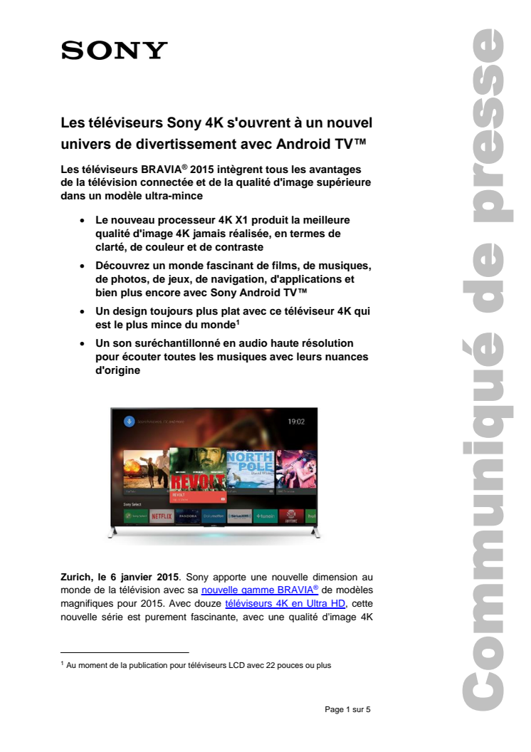 Les téléviseurs Sony 4K s'ouvrent à un nouvel univers de divertissement avec Android TV™