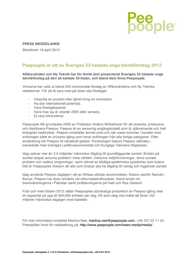 Peepoople är ett av Sveriges 33 hetaste unga teknikföretag 2012