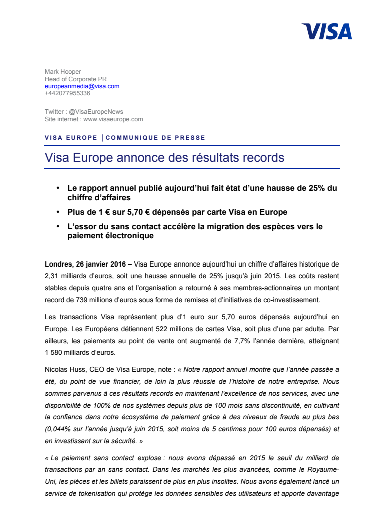 Visa Europe annonce des résultats records