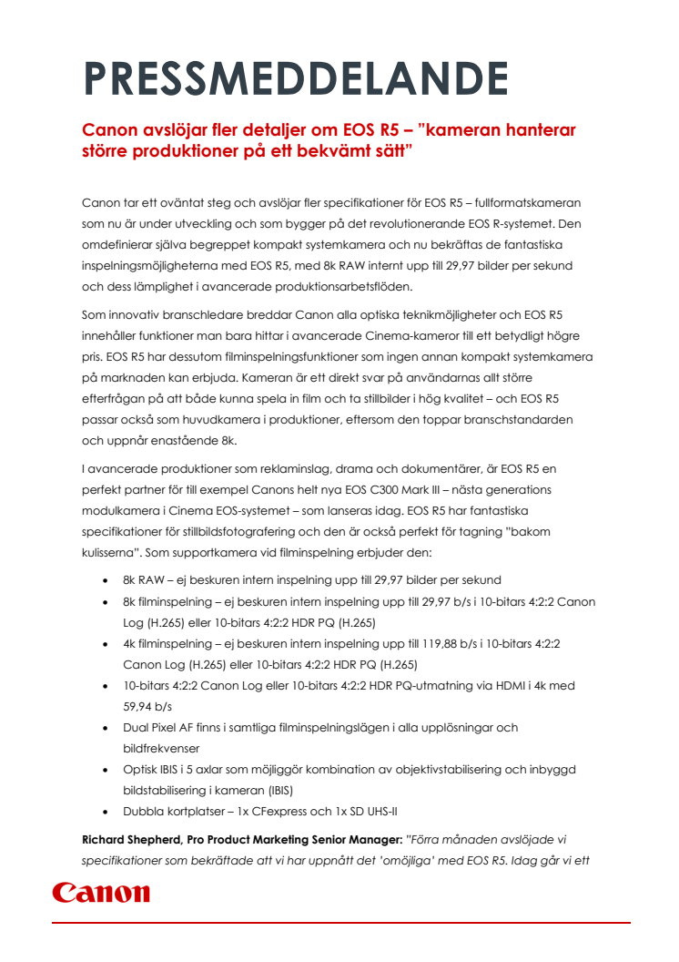Canon avslöjar fler detaljer om EOS R5 – ”kameran hanterar större produktioner på ett bekvämt sätt” 
