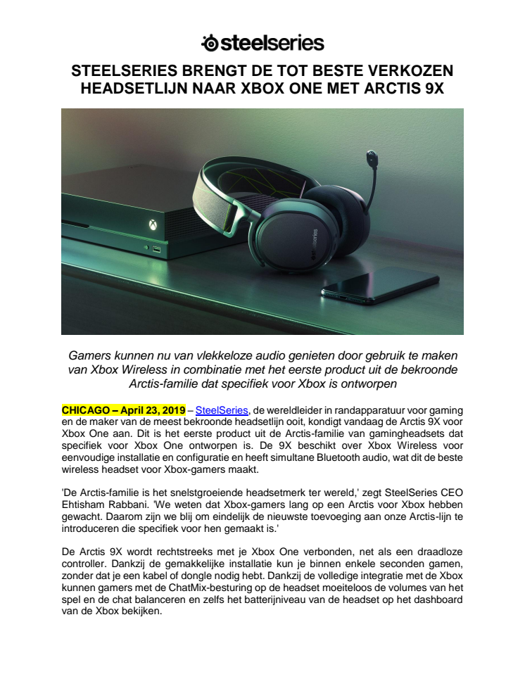 SteelSeries brengt de tot beste verkozen headsetlijn Xbox One met Arctis 9x