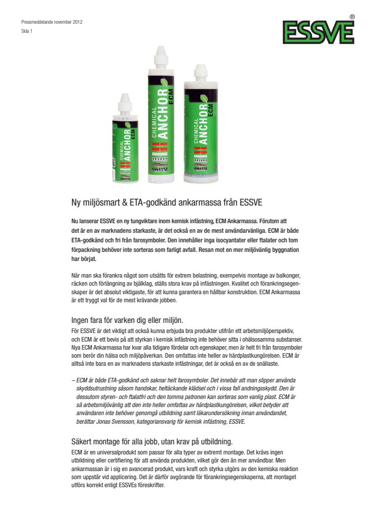 Ny miljösmart & ETA-godkänd ankarmassa från ESSVE 