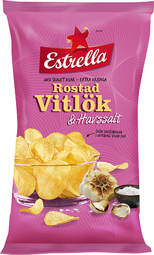 Chips med smak av Rostad Vitlök & Havssalt från Estrella