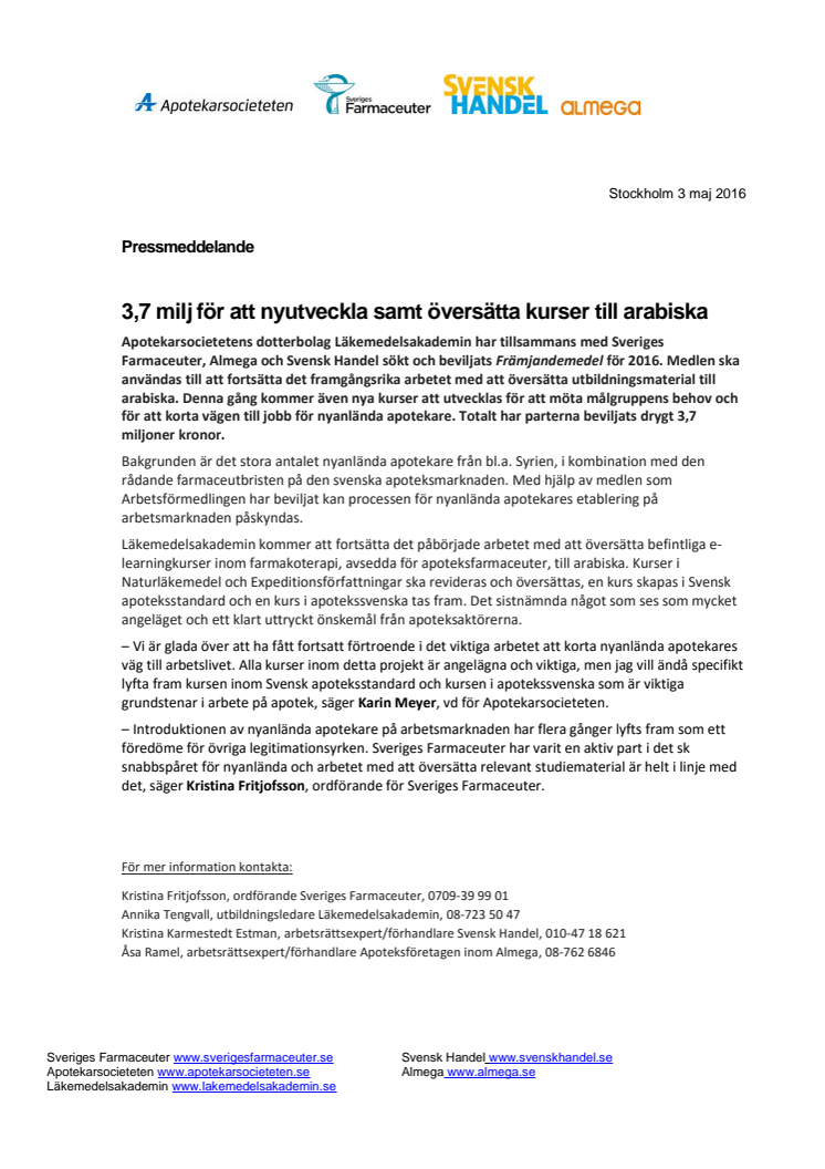 3,7 milj för att nyutveckla samt översätta kurser till arabiska 