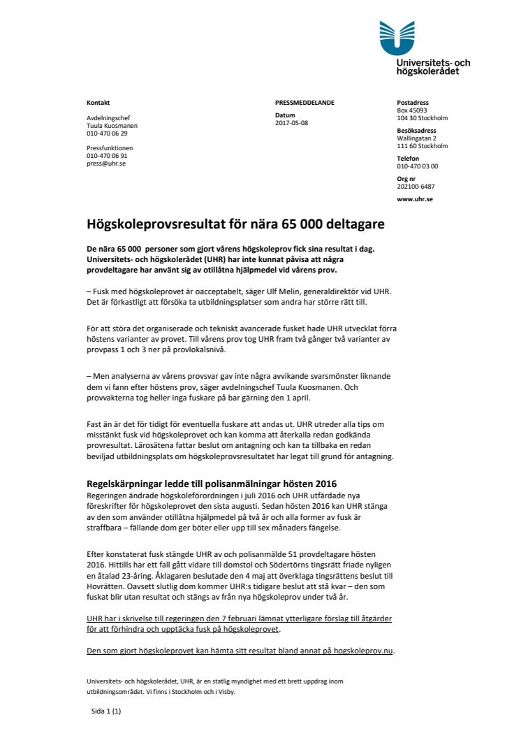  Högskoleprovsresultat för nära 65 000 deltagare