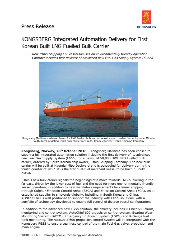 Kongsberg Maritime: KONGSBERG Integrated Automation Delivery for First Korean Built LNG Fuelled Bulk Carrier