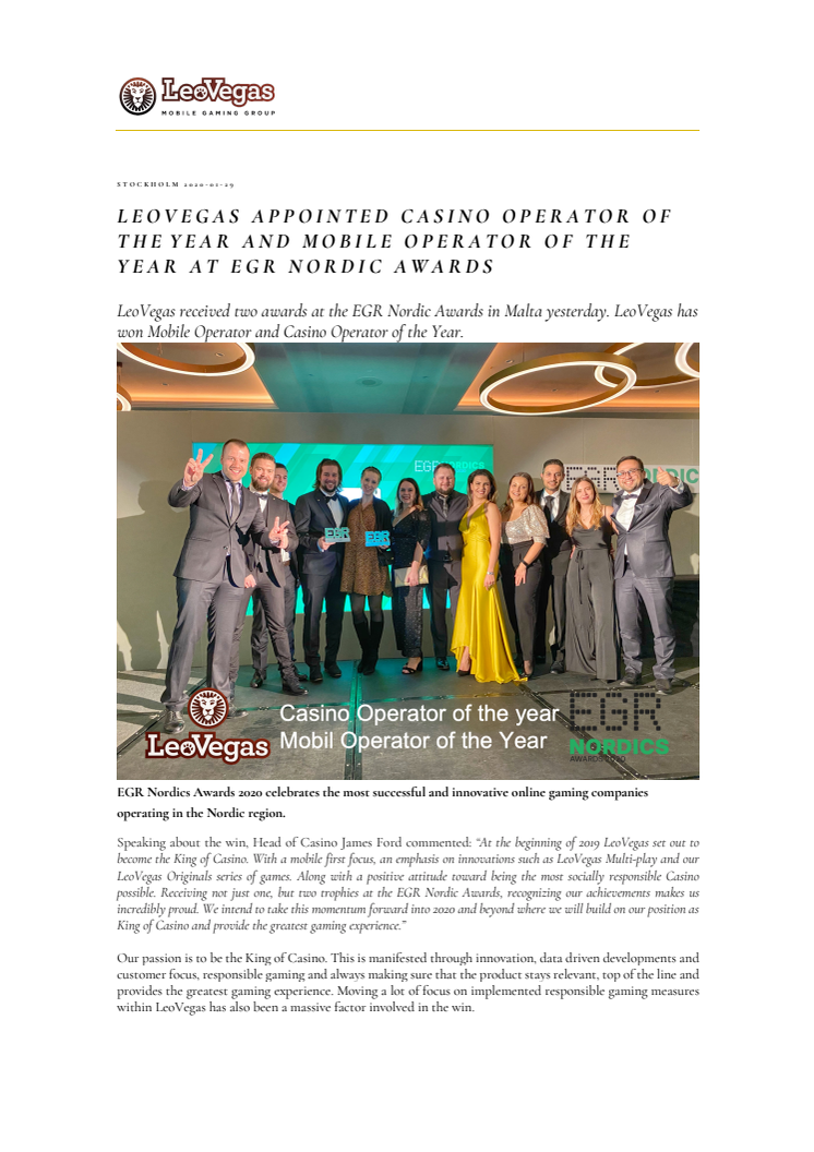 LeoVegas appointed Casino Operator of the Year and Mobile Operator of the Year at EGR Nordic Awards