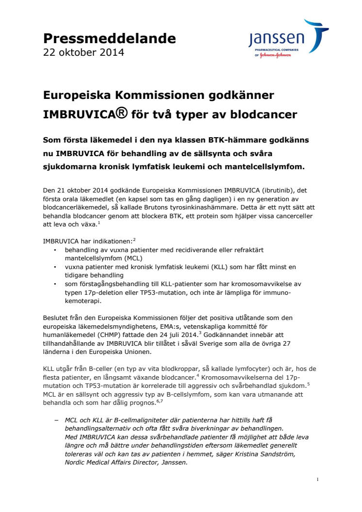 Europeiska Kommissionen godkänner IMBRUVICA® för två typer av blodcancer