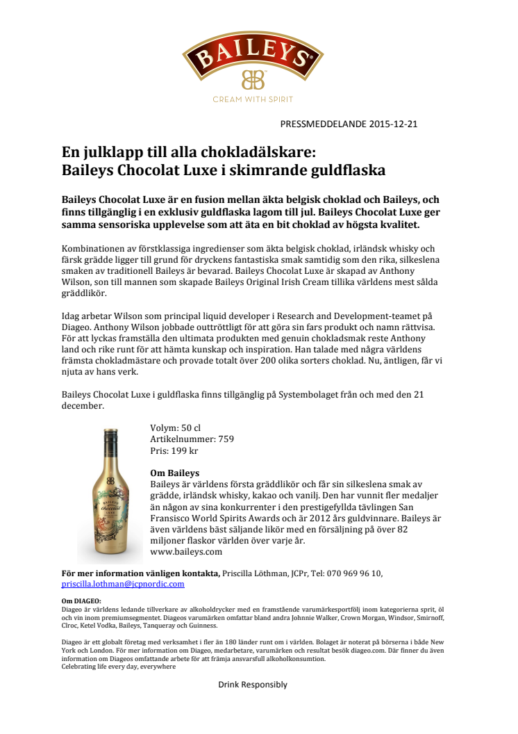 En julklapp till alla chokladälskare: Baileys Chocolat Luxe i skimrande guldflaska 