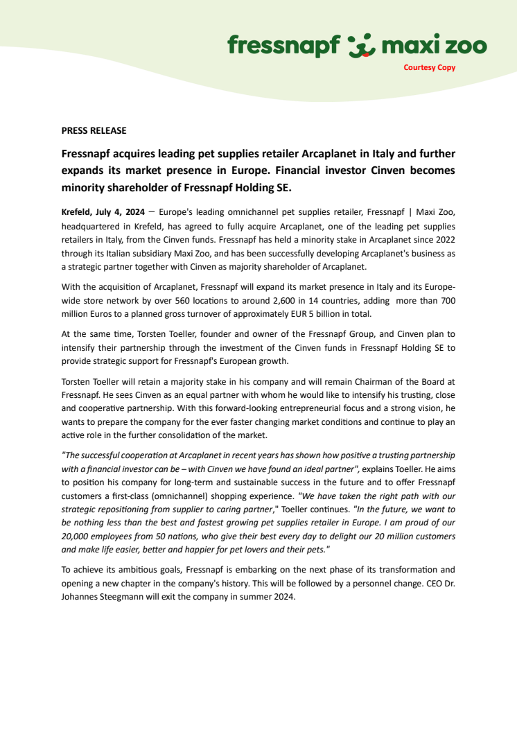 240704_press release - Fressnapf acquires Arcaplanet. Cinven becomes minority shareholder of Fressnapf Holding SE.pdf