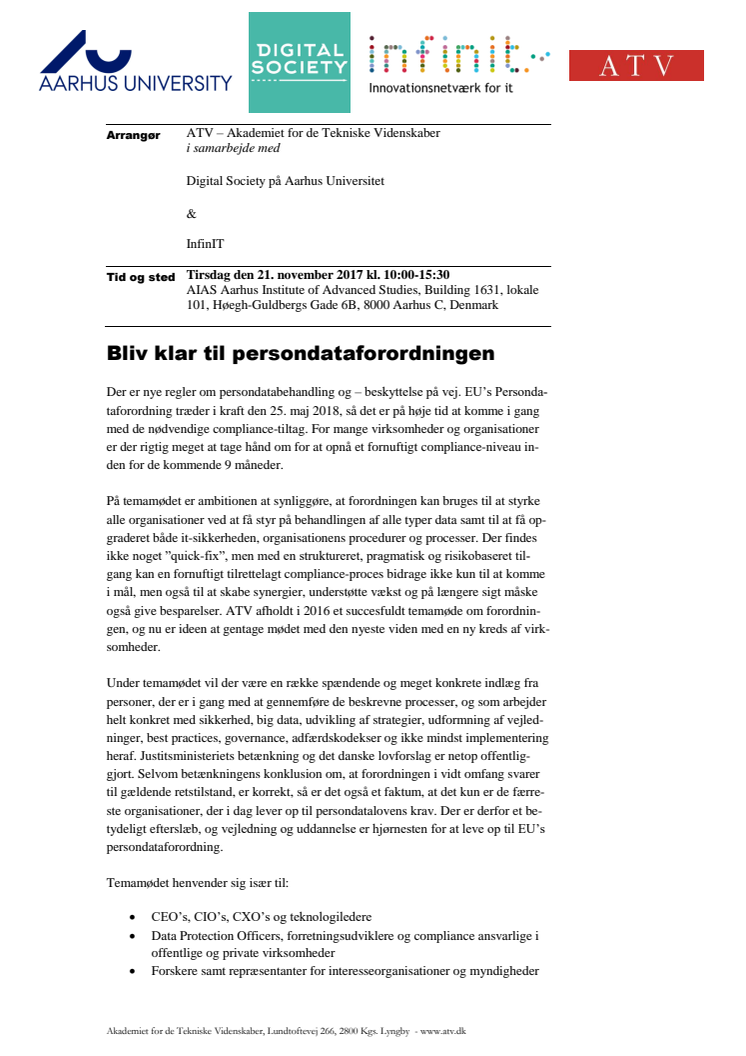 Bliv klar til persondataforordningen - program for seminar i Aarhus 21. november 2017