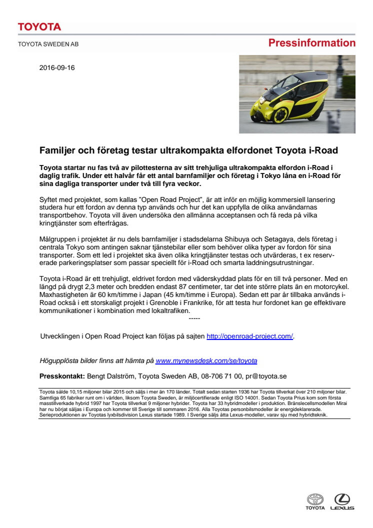 Familjer och företag testar ultrakompakta elfordonet Toyota i-Road