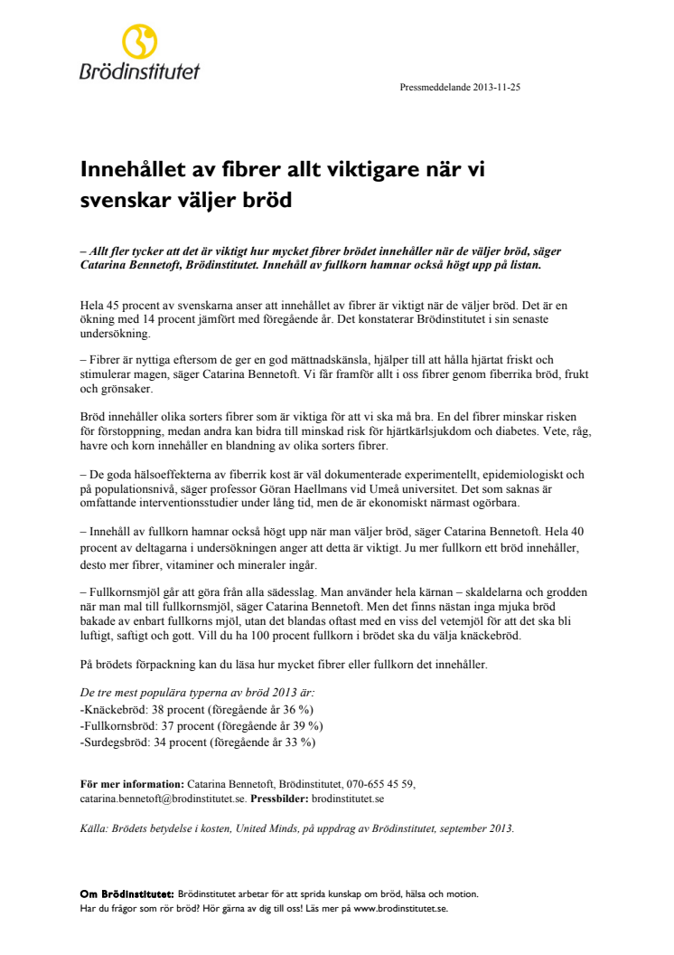 Innehållet av fibrer allt viktigare när vi svenskar väljer bröd