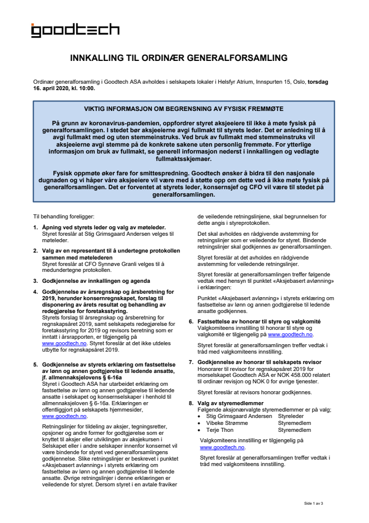 Innkalling til ordinær generalforsamling 16.04.2020