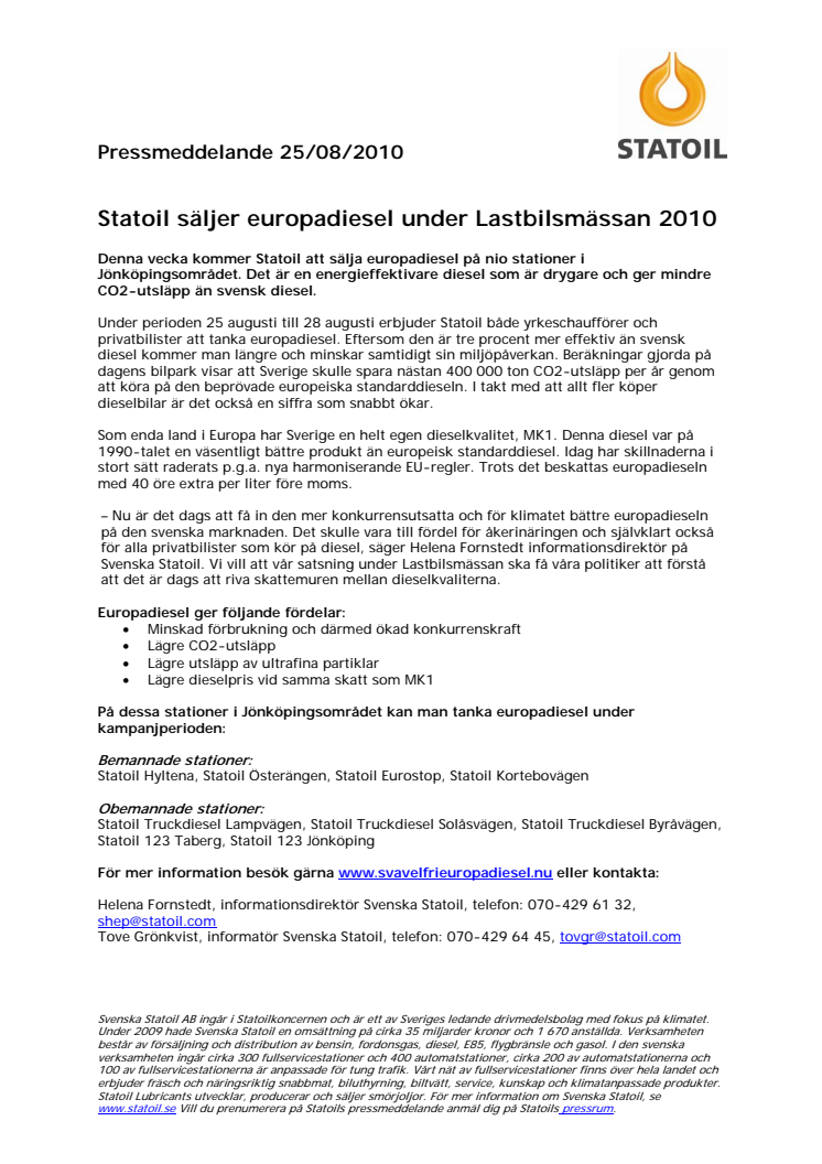 Statoil säljer europadiesel under Lastbilsmässan 2010 