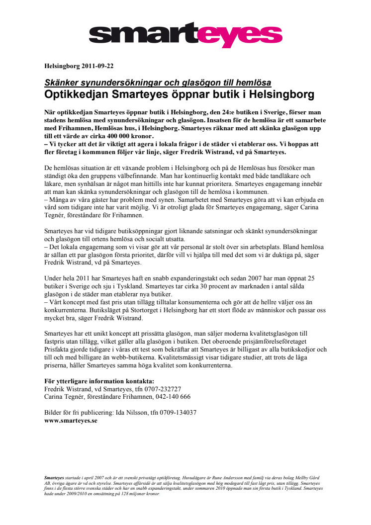 Skänker synundersökningar och glasögon till hemlösa – optikkedjan Smarteyes öppnar butik i Helsingborg 