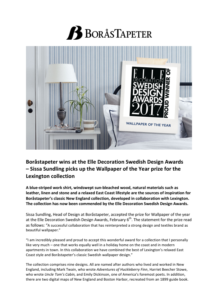  Boråstapeter wins at the Elle Decoration Swedish Design Awards – Sissa Sundling picks up the Wallpaper of the Year prize for the Lexington collection