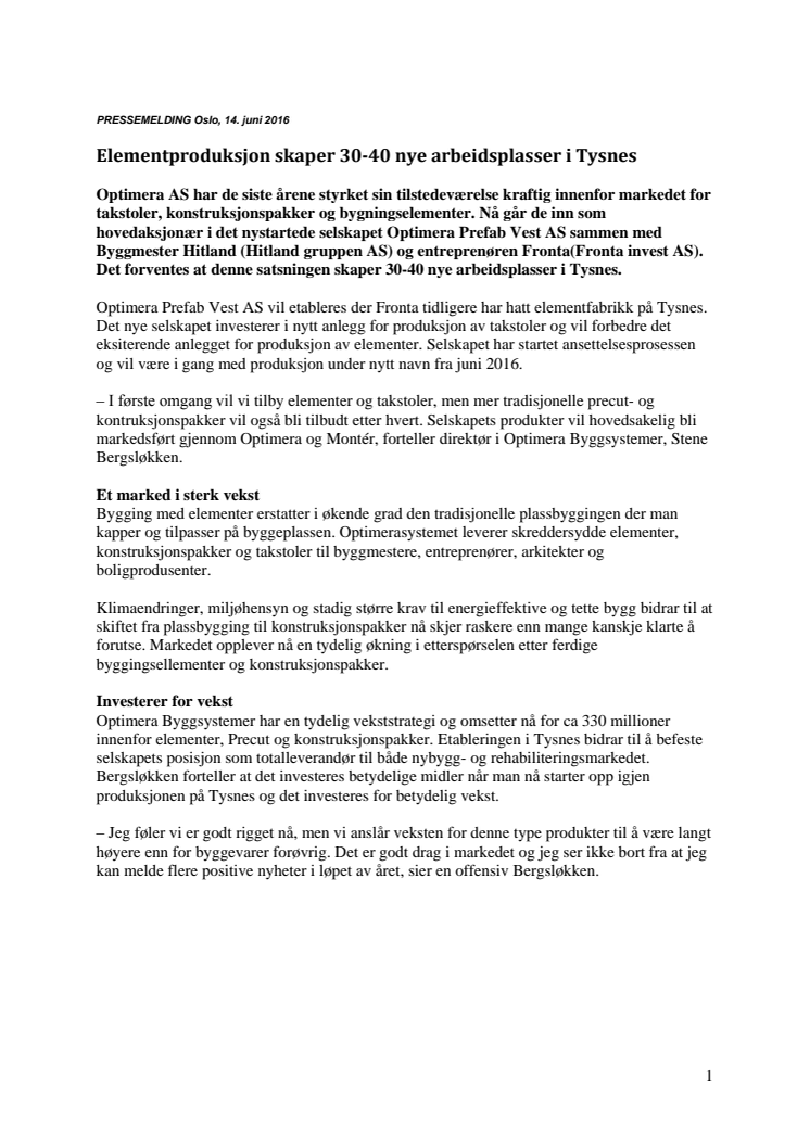 Elementproduksjon skaper 30-40 nye arbeidsplasser i Tysnes
