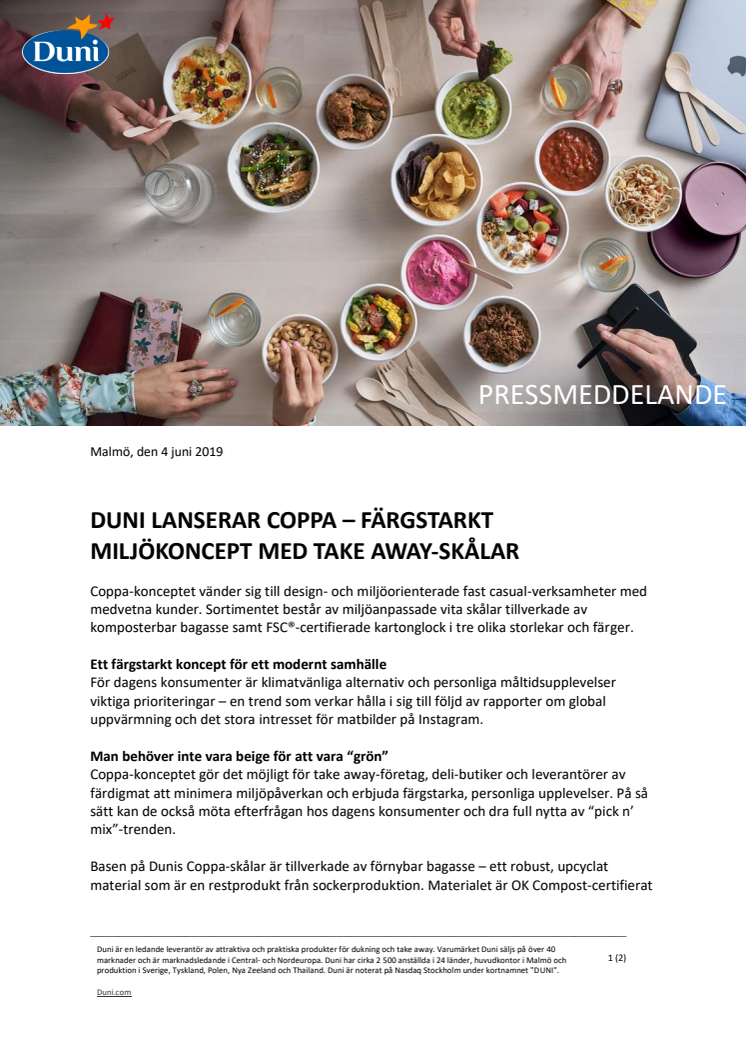 Duni lanserar Coppa- Färgstarkt miljökoncept med take-away skålar