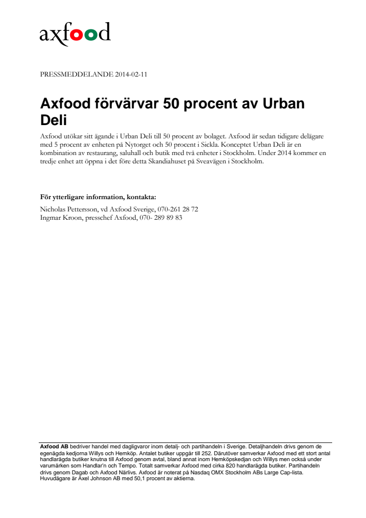 Axfood förvärvar 50 procent av Urban Deli