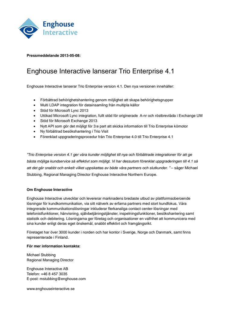 Enghouse Interactive lanserar Trio Enterprise 4.1
