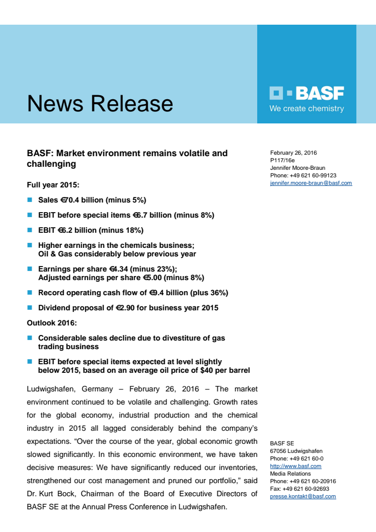 BASF præsenterer 2015 resultat