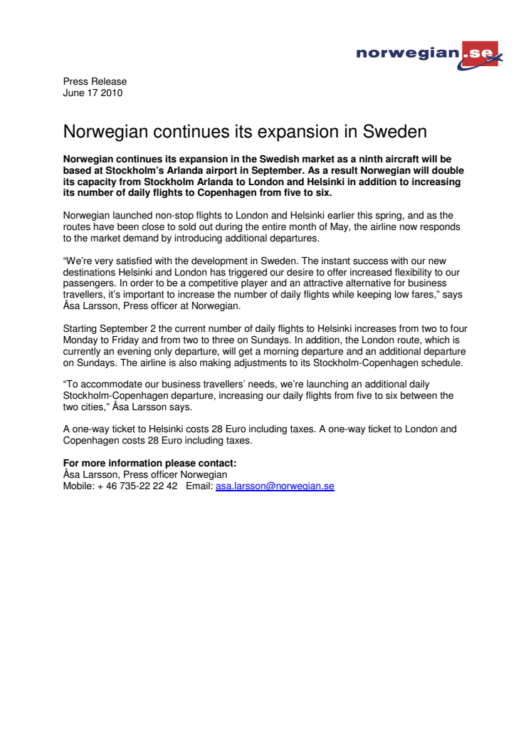 Norwegian continues its expansion in Sweden