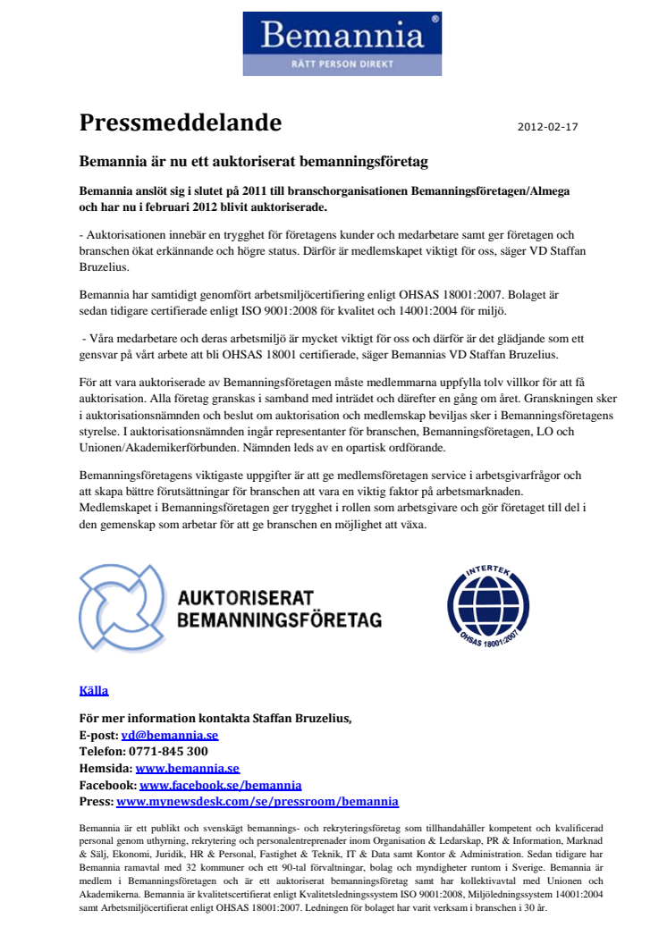Bemannia är nu ett auktoriserat bemanningsföretag 