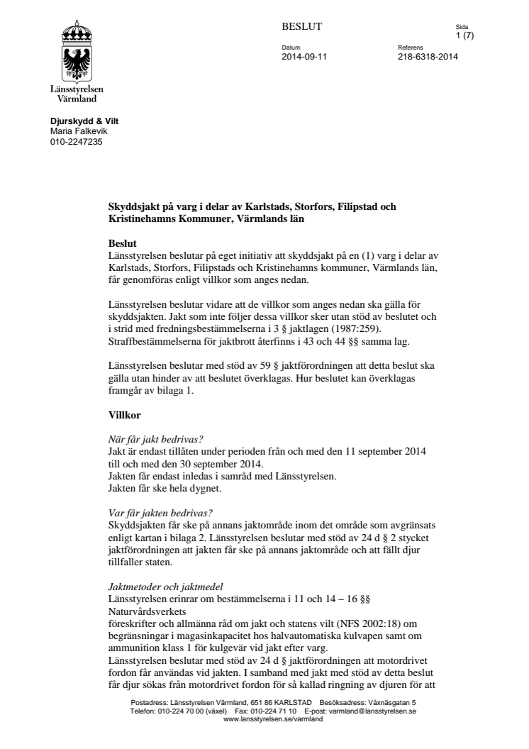 Beslut om skyddsjakt på varg i Karlstads, Storfors, Kristinehamns och Filipstads kommuner