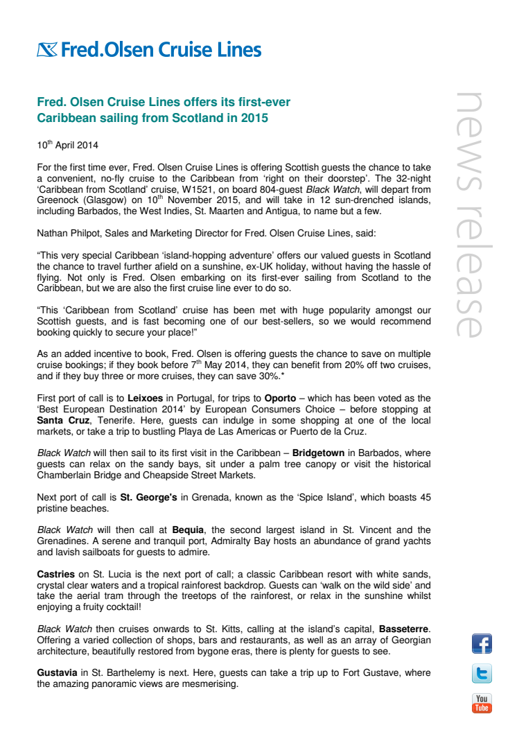 Fred. Olsen Cruise Lines offers its first-ever Caribbean sailing from Scotland in 2015