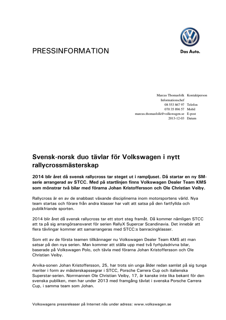 Svensk-norsk duo tävlar för Volkswagen i nytt rallycrossmästerskap